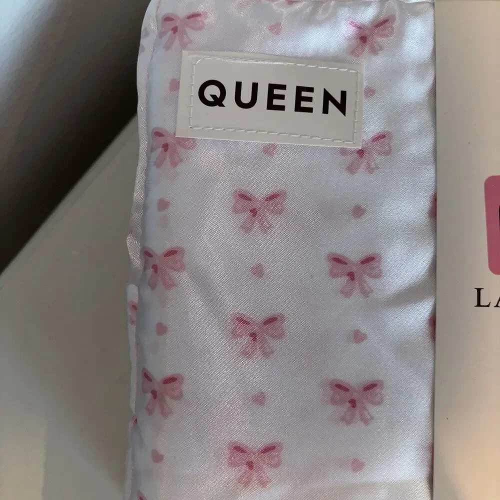 Laura Ashley Satin Queen Pink Bow Ribbon 4 Pc Deep Pocket Sheet Set NEW